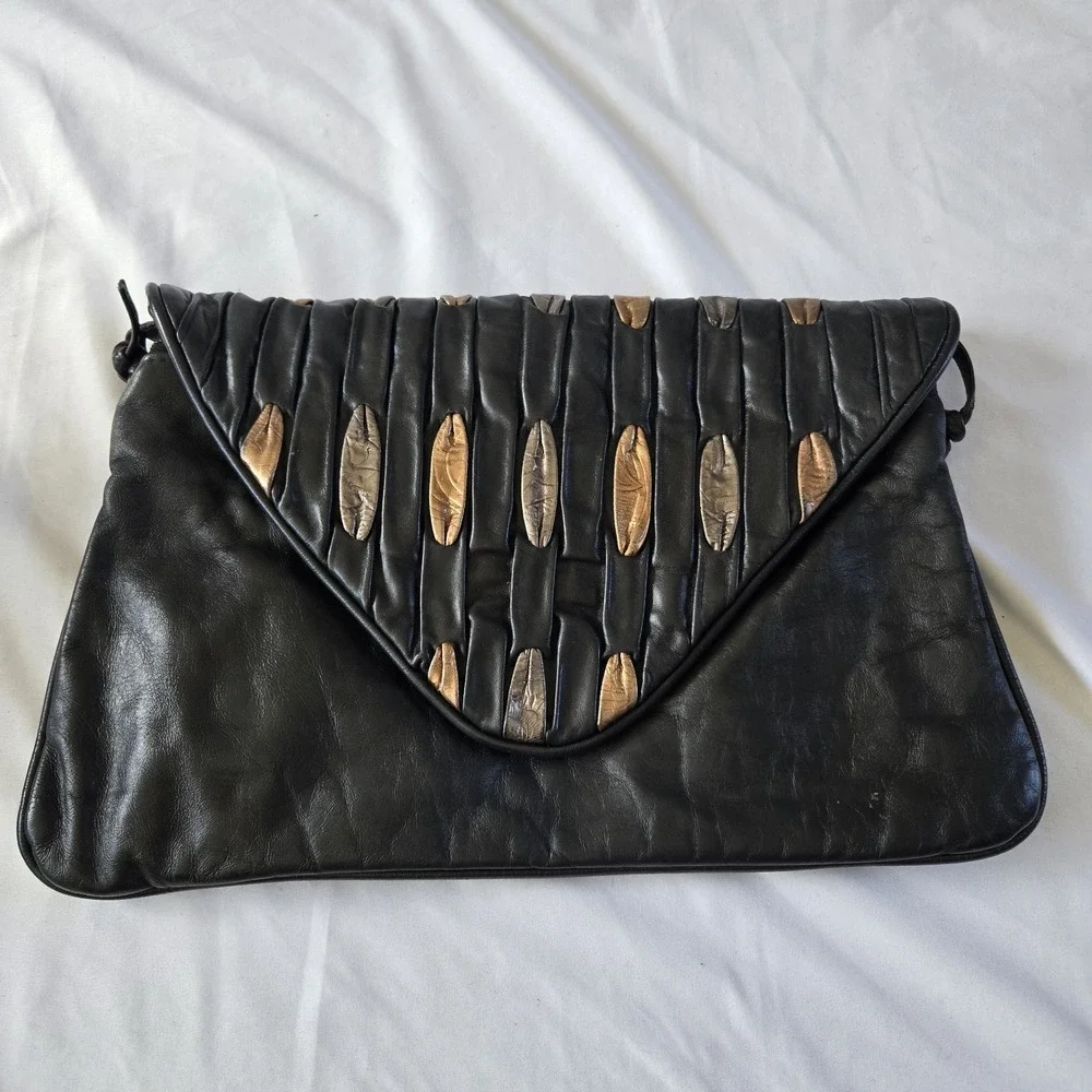 Vintage 60s Black Leather Flap Clutch Purse Large Envelope Mixed Metallic Detail